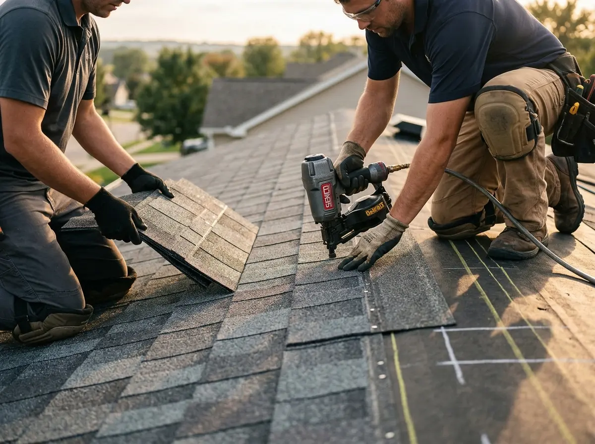 Professional roofer working on a residential roof in Duxbury